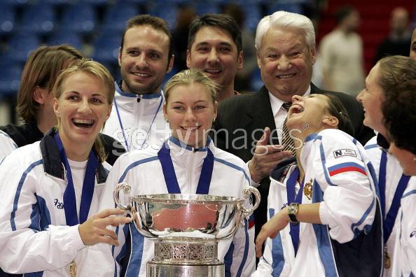 The Russian Fed Cup team celebrate their