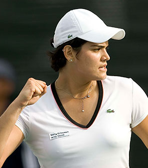 Eleni Daniilidou after winning against her Chinese opponent Li Na during their Dubai Duty Free Open tennis match. Daniilidou won 6-7, 7-6, 6-3