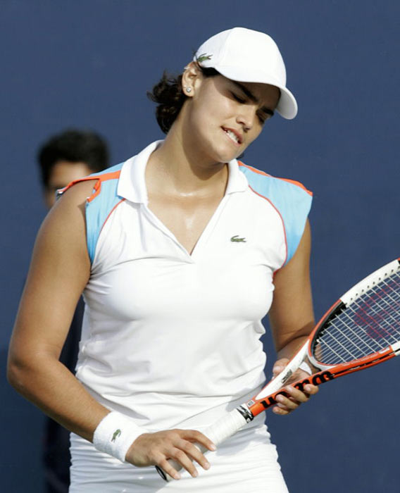 Eleni Daniilidou reacts during her match against Na Li of China at the US Open tennis tournament in New York, Thursday, Aug. 31, 2006. 