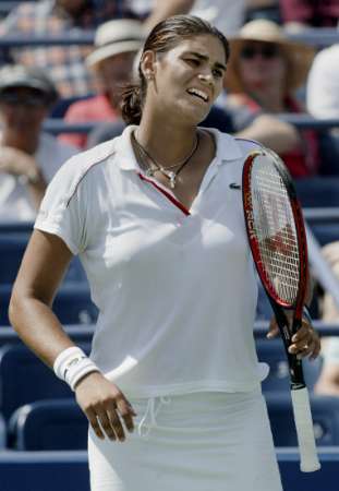 Eleni Daniilidou of Greece reacts to a missed point to Shinobu Asagoe of Japan in their match at the 2004 U.S. Open in New York, September 6, 2004.  Asagoe defeated Daniilidou 7-6 4-6 6-3.       REUTERS/Ray Stubblebine