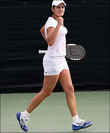 Eleni Daniilidou after winning against her Chinese opponent Li Na during their Dubai Duty Free Open tennis match. Daniilidou won 6-7, 7-6, 6-3