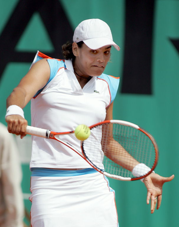 Eleni Daniilidou from Greece hits a return to Japanese Ai Sugiyama during the French Open at Roland Garros in Paris 28 May 2006