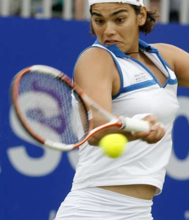 Eleni Daniilidou  hits a return against Britain's Anne Keothavong during the Birmingham Classic tennis tournament in Edgbaston, central England , June 14, 2006. Daniilidou won the match 6-3, 6-0. 