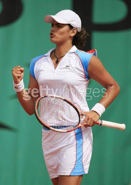 Eleni Daniilidou of Greece celebrates a point against Ai Sugiyama of Japan during day one of the French Open at Roland Garros on May 28, 2006 in Paris, France. (Photo by Ian Walton/Getty Images) 