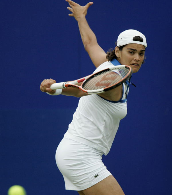 Eleni Daniilidou  hits a return against Britain's Anne Keothavong during the Birmingham Classic tennis tournament in Edgbaston, central England , June 14, 2006. Daniilidou won the match 6-3, 6-0.