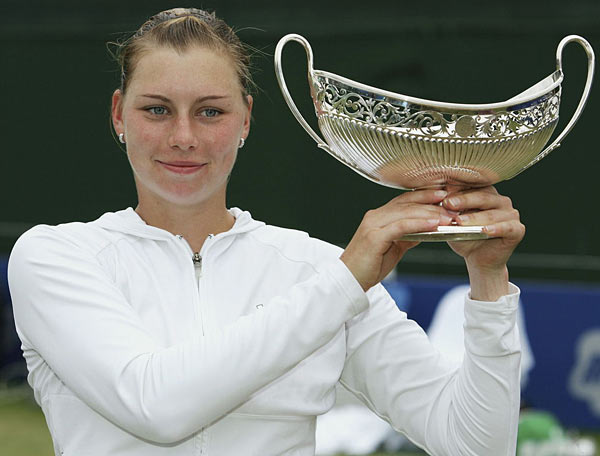 Vera Zvonareva of Russia poses with the Maud Watson trophy after her victory over Jamea Jackson of the USA in the final of the DFS Classic at Edgbaston on June 18, 2006 in Birmingham, England