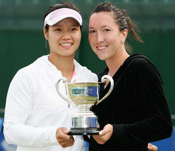 Winners of the doubles Jelena Jankovic of Serbia and doubles partner Na Li of China with runners up Jill Craybas of the USA with doubles partner Liezel Huber of South Africa in the doubles final of the DFS Classic at Edgbaston on June 18, 2006 in Birmingham England