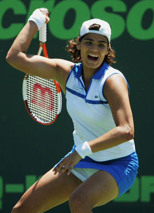 Eleni Daniilidou of Greece returns a shot to Daniela Hantuchova of Slovakia during the Nasdaq-100 Open, part of the Sony Ericsson WTA Tour, at the Tennis Center at Crandon Park on March 26, 2006 in Miami, Florida. Daniilidou won the match 6-3, 4-6, 6-2