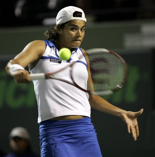 Eleni Daniilidou of Greece returns a shot from Nadia Petrova of Russia at the Nasdaq-100 Open tennis tournament Monday, March 27, 2006 in Key Biscayne, Fla. Petrova defeated Daniilidou 6-2, 6-0