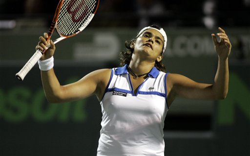 Eleni Daniilidou of Greece reacts after losing a point to Nadia Petrova of Russia at the Nasdaq-100 Open tennis tournament Monday, March 27, 2006 in Key Biscayne