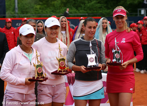 The winner of this tournament in doubles Jie Zheng & Zi Yan and runner-up Flavia Pennetta & Elena Dementieva with trophy , May 14, 2006.  