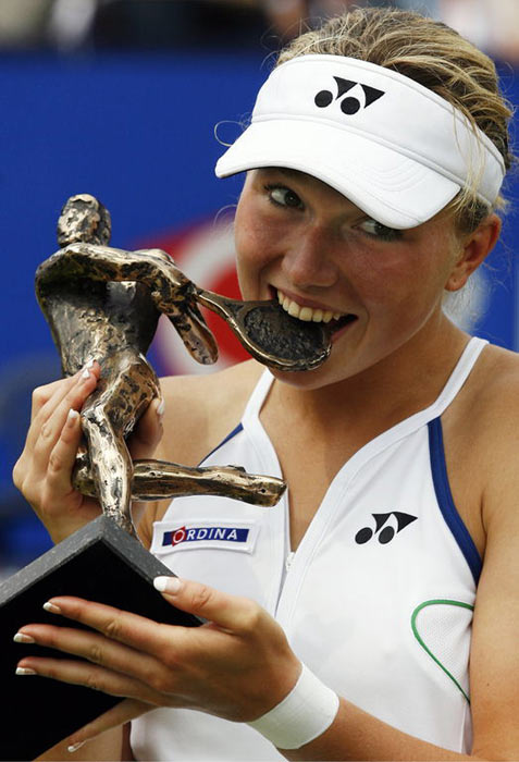 17-year-old unseeded Michaella Krajicek from Almere, The Netherlands, completed the best week of her career by defeating 2nd-seeded Dinara Safina of Russia 6-3, 6-4. Michaella holds the main trophy.