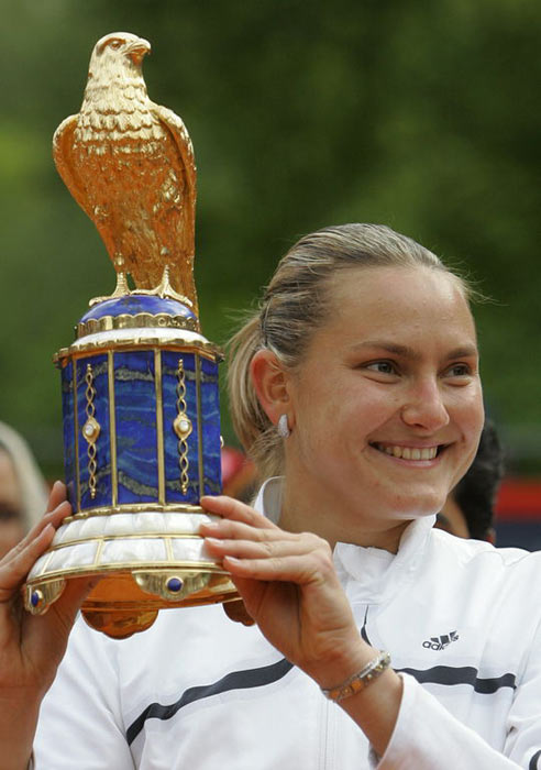 The winner of this tournament Nadia Petrova from Russia with trophy , May 14, 2006. 