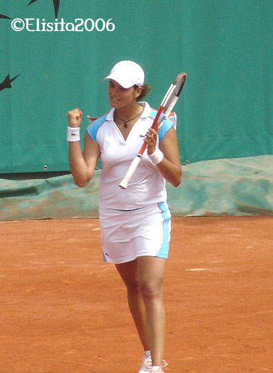 Eleni Danilidou reacts after scoring a point against Japan's Ai Sugiyama in their first round match during the French Open tennis tournament at the Roland Garros stadium in Paris, Sunday May 28, 2006